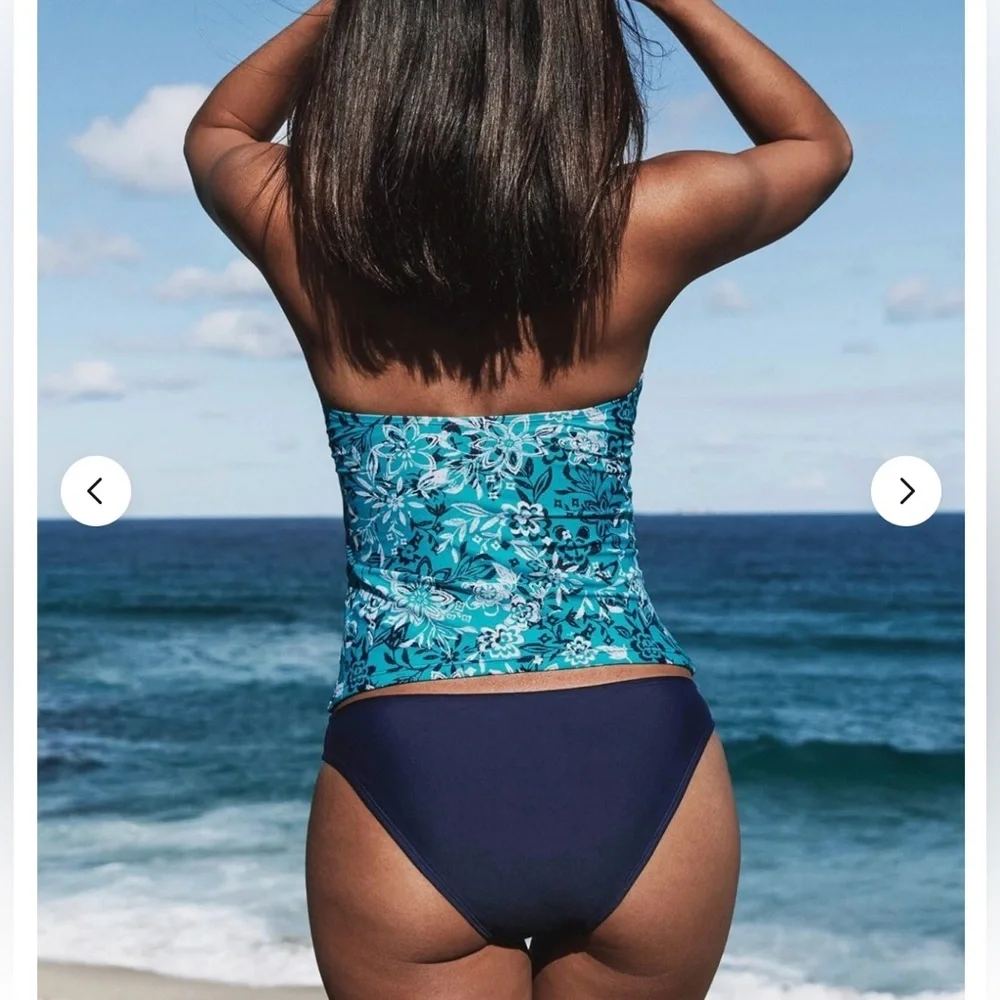 Cupshe Women's Halter Tankini Navy‎ Blue Floral Swimsuit NWT Size L - Picture 2 of 3